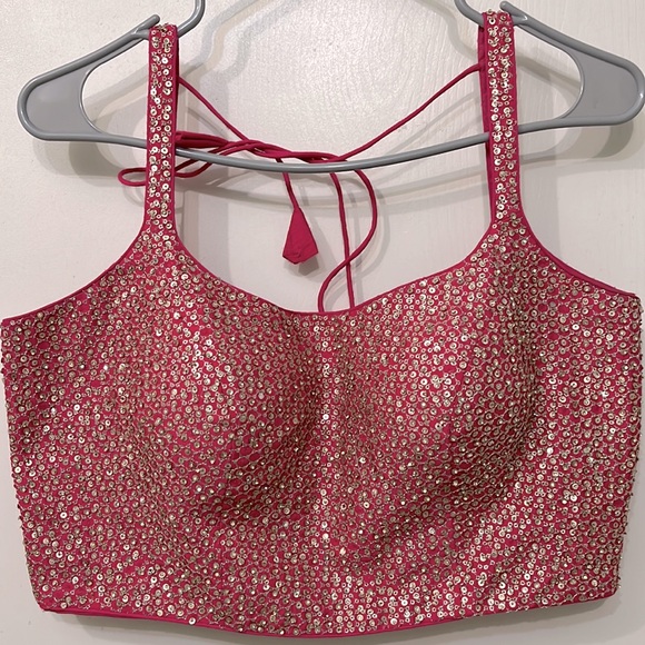 Lehenga choli medium sequin gold embroidered green pink red Indian wedding guest - Picture 6 of 8